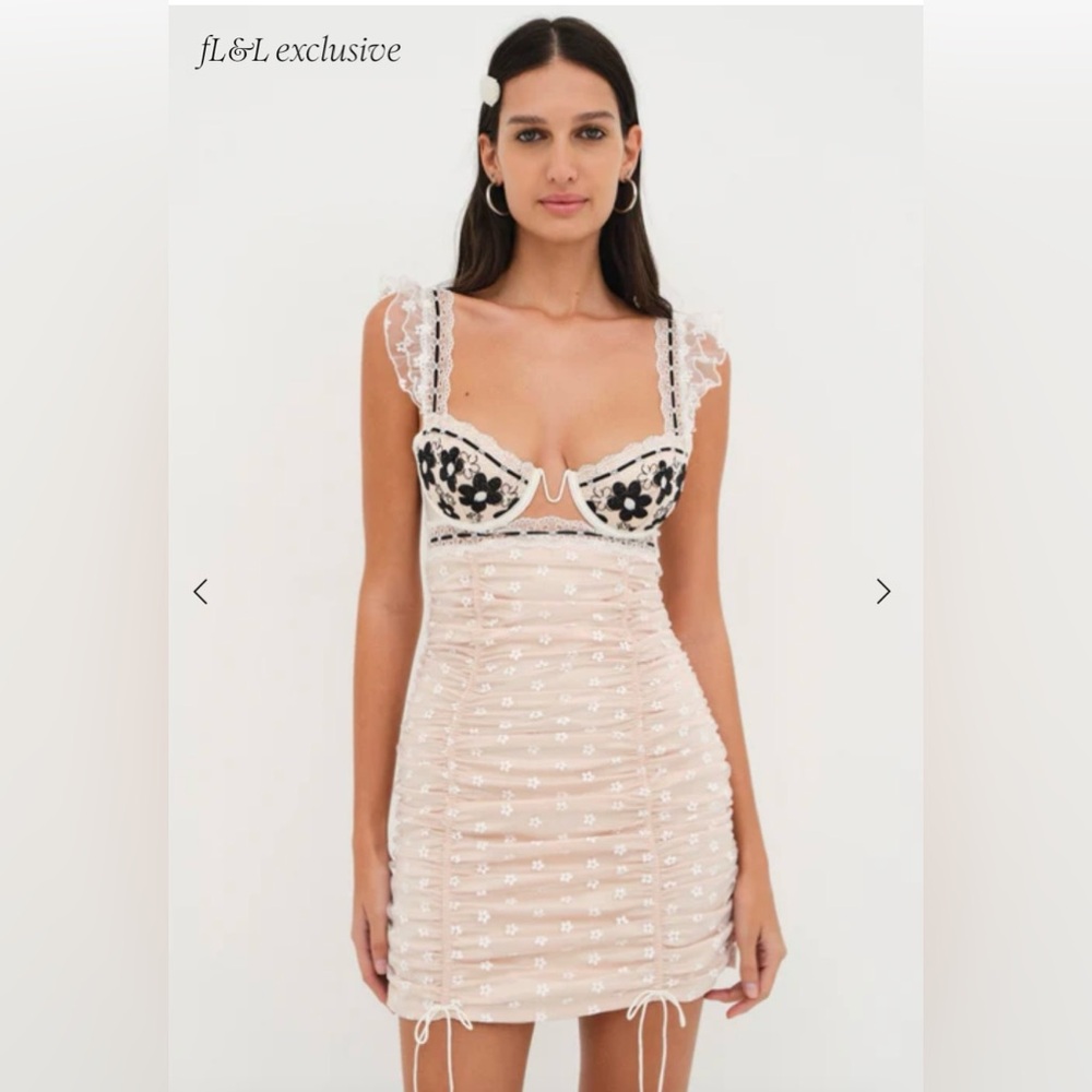 For Love And Lemons  Cream Ruched Bodycon Dress with Flutter Sleeve